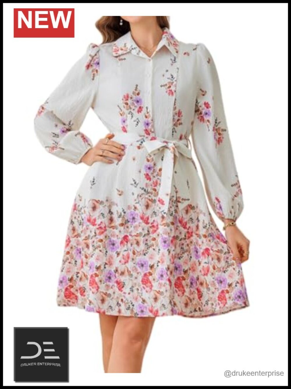 Women's Floral Button Front Collared A Line Midi Dress with Pockets Long Sleeve